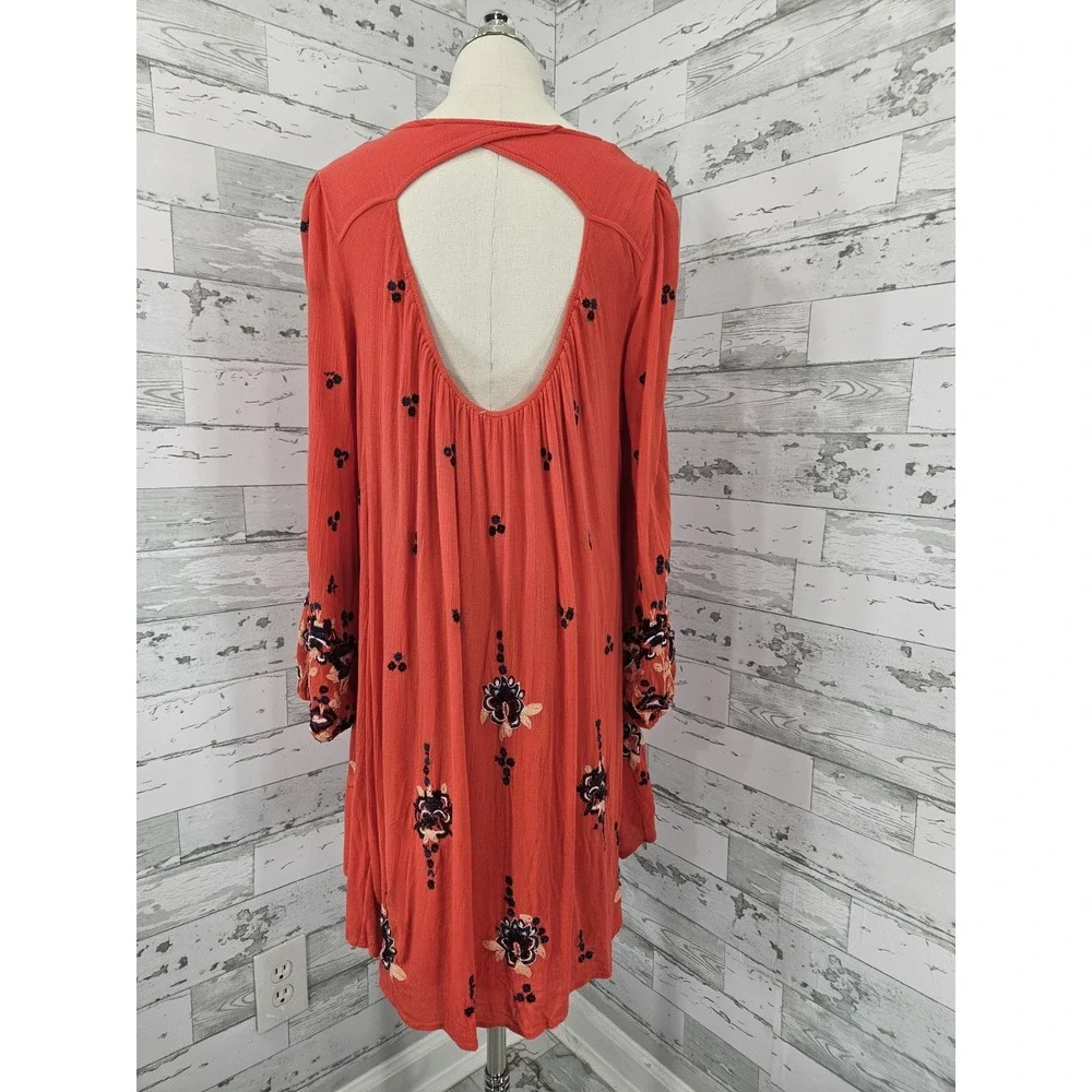 Free People Womens Xsmall Oxford Red Embroidered Floral Mini Dress